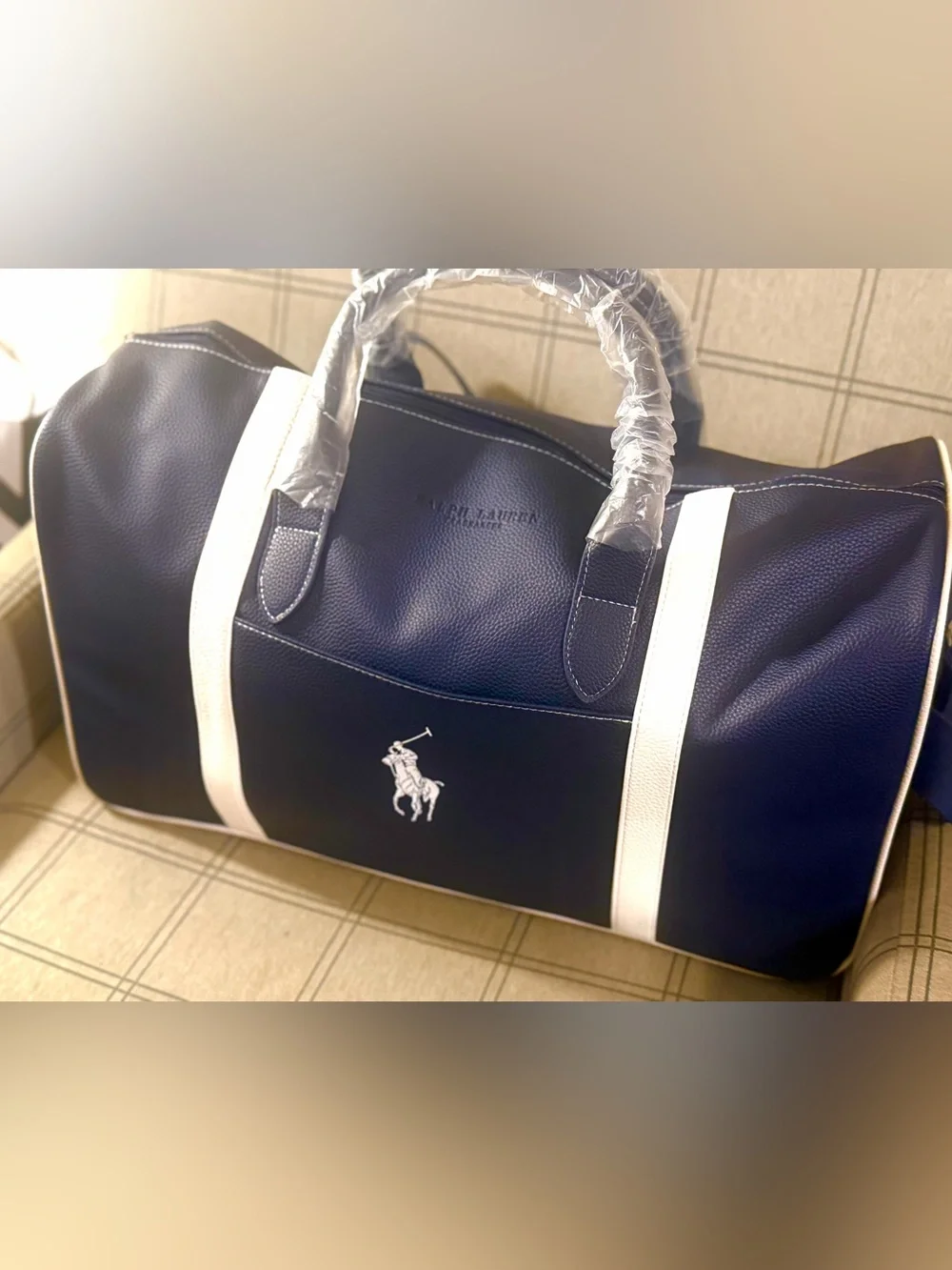 Classic !Ralph Lauren Navy and White Polo Large Vegan Leather Duffel Bag